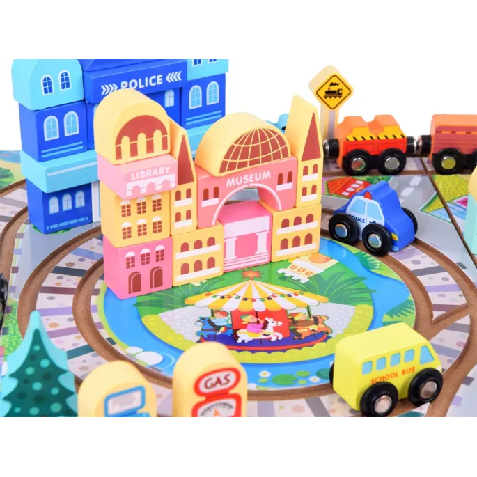 różnorodne pojazdy i akcesoria drewniane dla dzieci