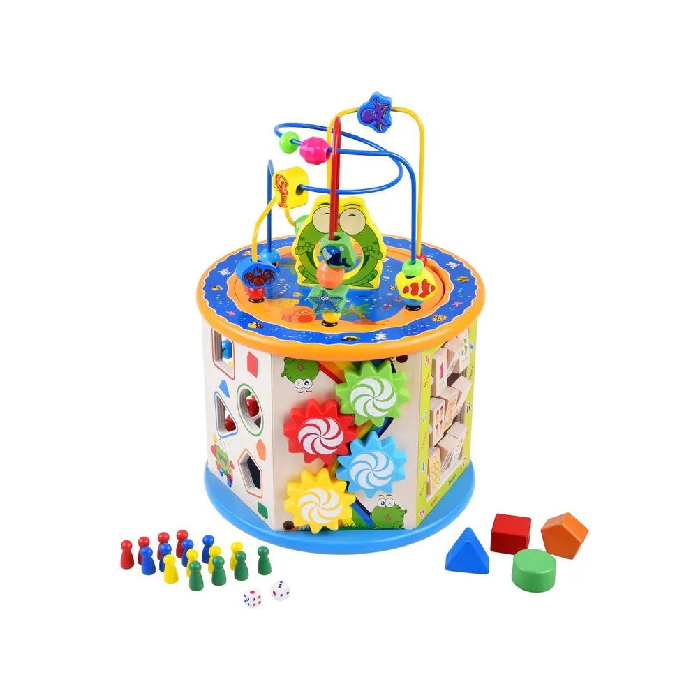 Drewniana kostka edukacyjna sorter 8w1 z kolorowymi koralikami na liczydle