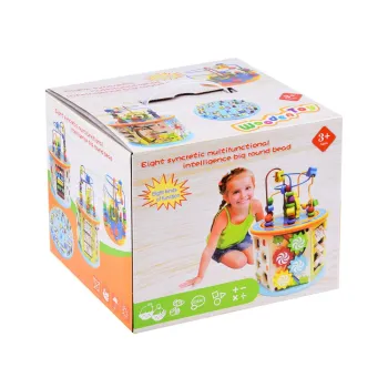 Przesuwane zębatki i labirynt na szczycie drewnianej kostki dla dzieci