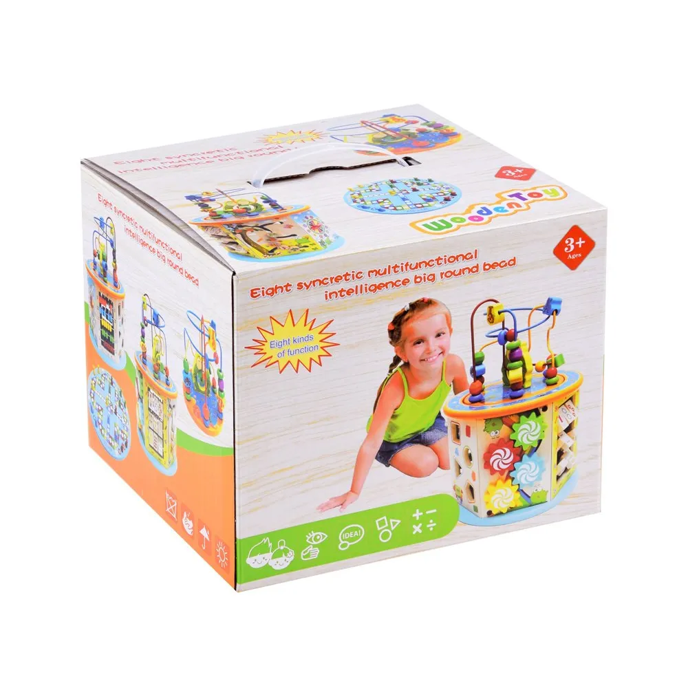 Przesuwane zębatki i labirynt na szczycie drewnianej kostki dla dzieci