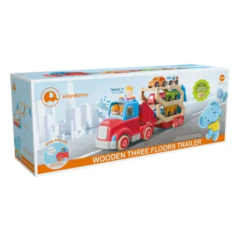 drewniana laweta z platformą i kolorowymi autkami gotowa do zabawy