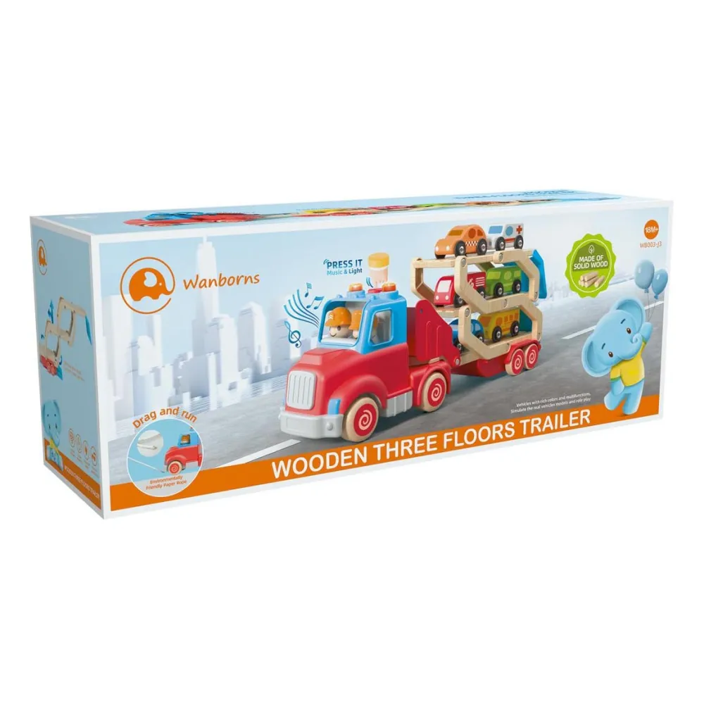 drewniana laweta z platformą i kolorowymi autkami gotowa do zabawy