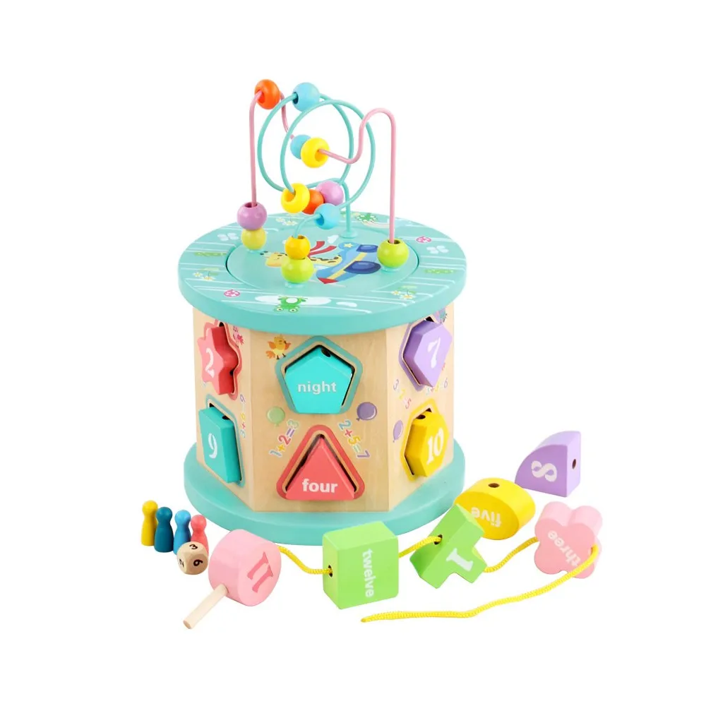 drewniana multikostka edukacyjna 4w1 z sortownikiem i planszówką dla dzieci