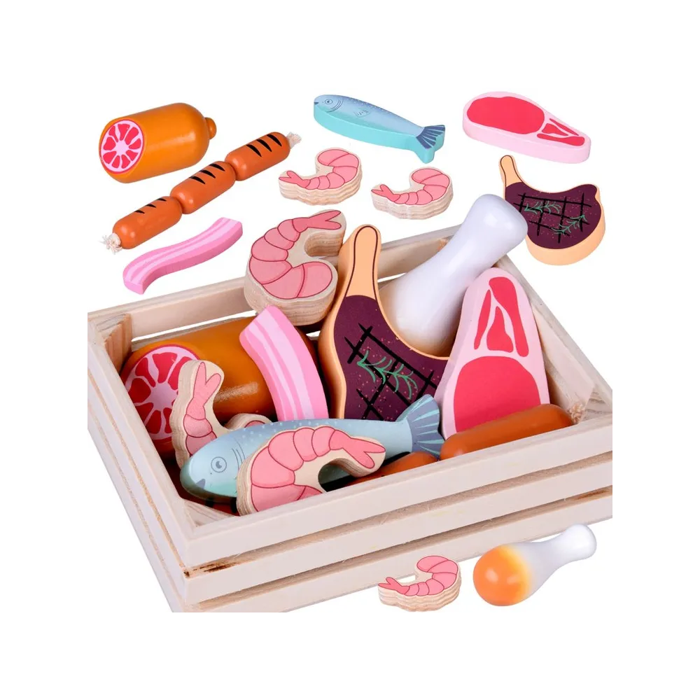 drewniana skrzynka z zabawkowymi wędlinami dla dzieci