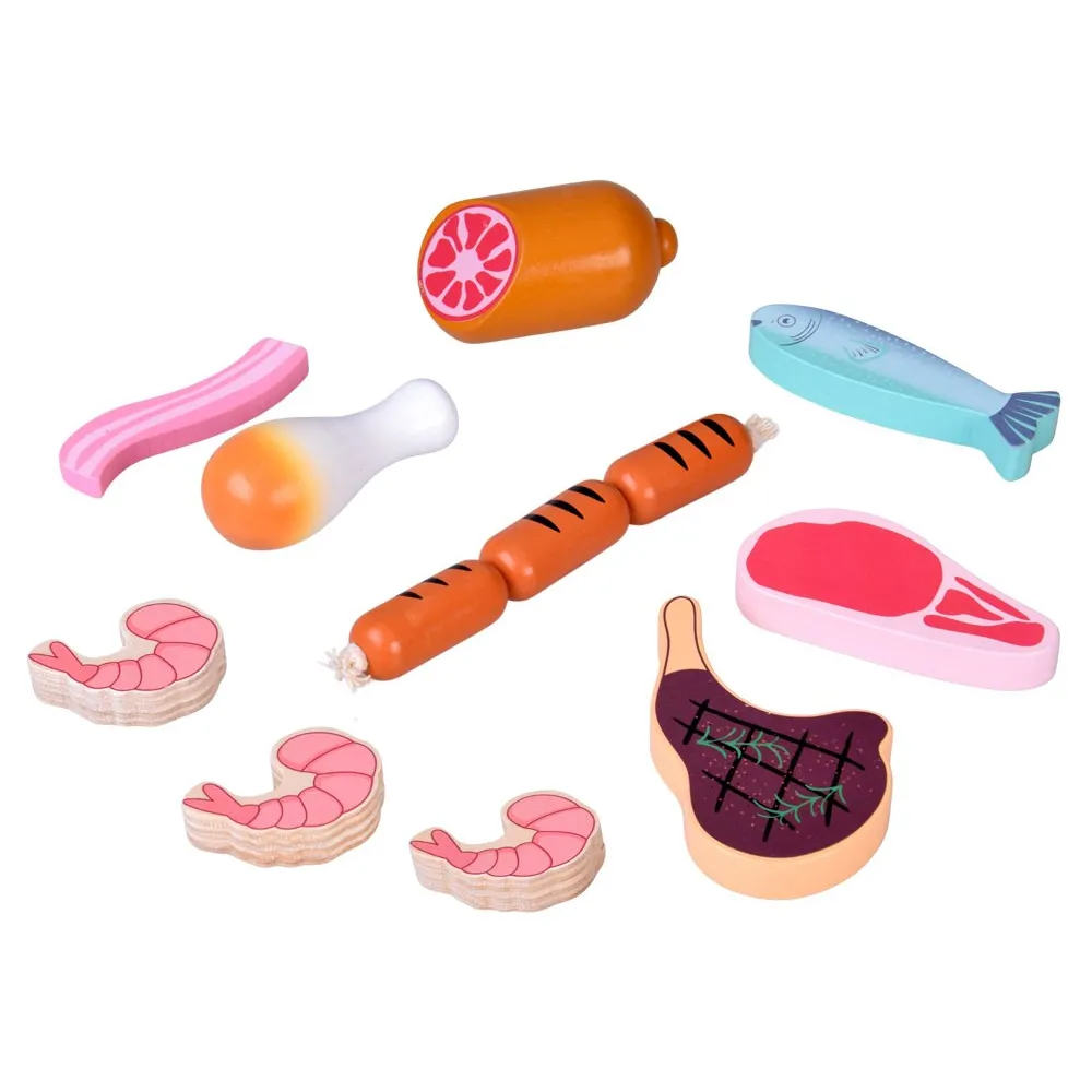 zestaw różnych drewnianych mięs w skrzynce zabawkowej