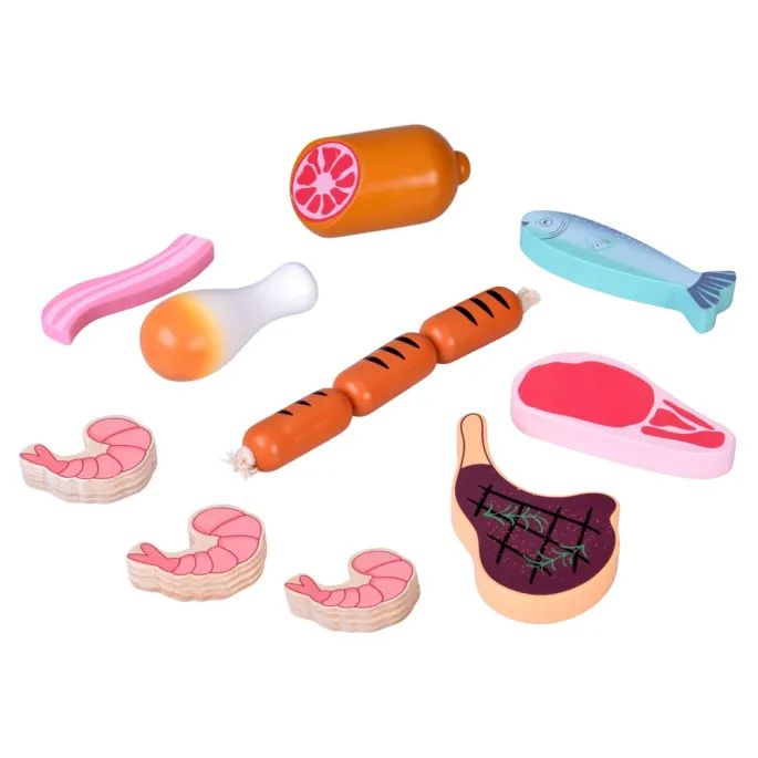 zestaw różnych drewnianych mięs w skrzynce zabawkowej