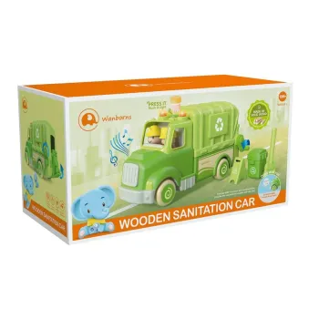 drewniana śmieciarka z widoczną ładownią i kabiną kierowcy