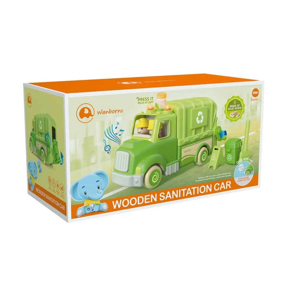 drewniana śmieciarka z widoczną ładownią i kabiną kierowcy