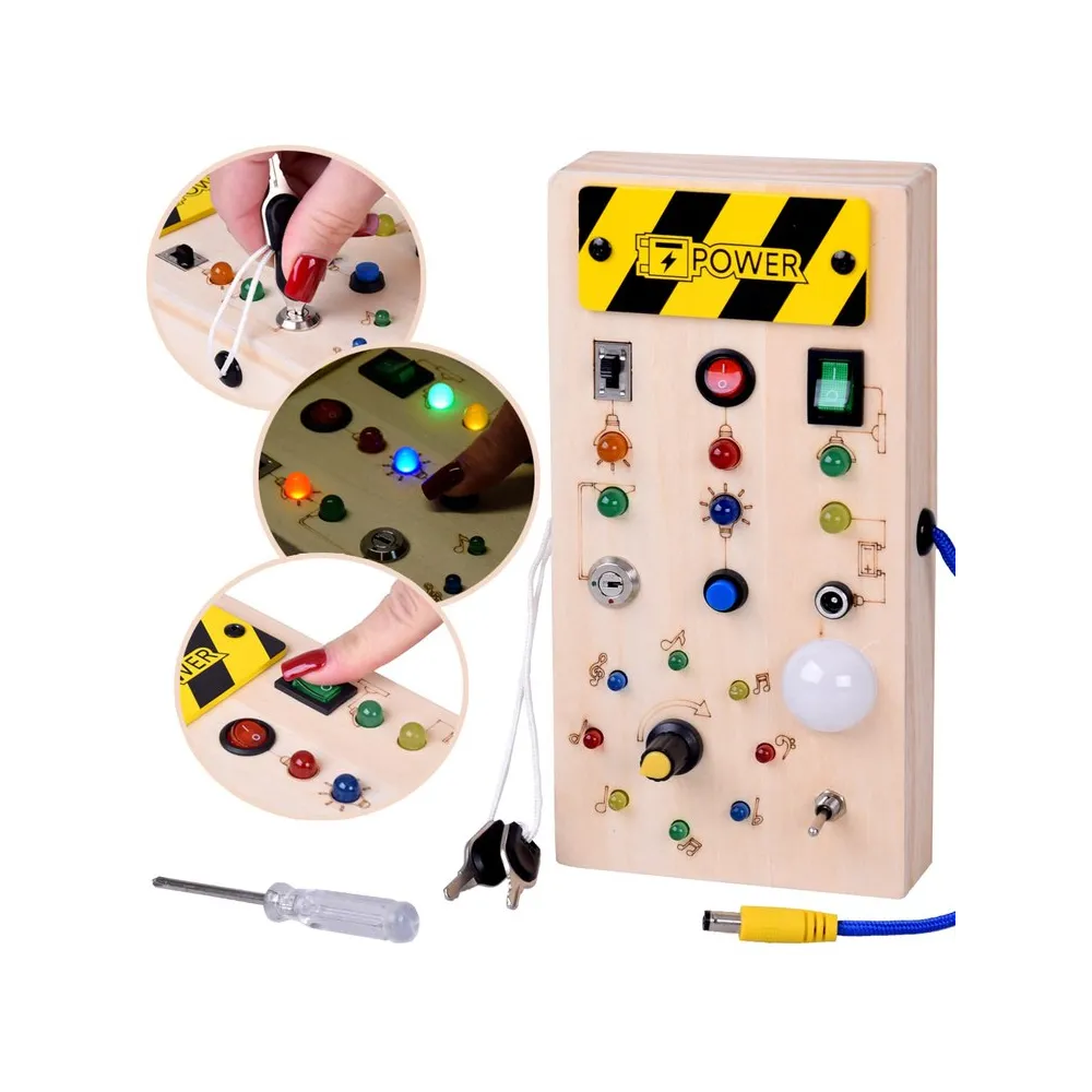 drewniana tablica manipulacyjna montessori z kolorowymi diodami led