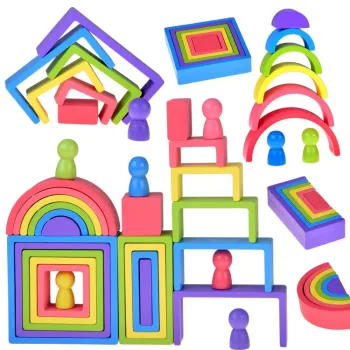 drewniana układanka montessori z kolorowymi elementami o różnych kształtach