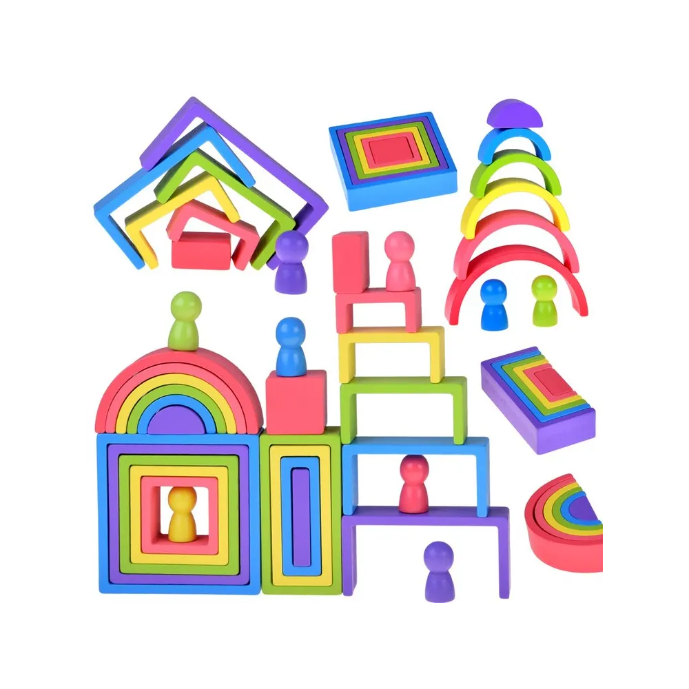 drewniana układanka montessori z kolorowymi elementami o różnych kształtach