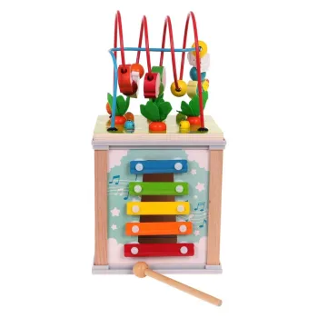 drewniana wielofunkcyjna kostka z kolorowymi elementami dla dzieci