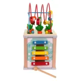 drewniana wielofunkcyjna kostka z kolorowymi elementami dla dzieci