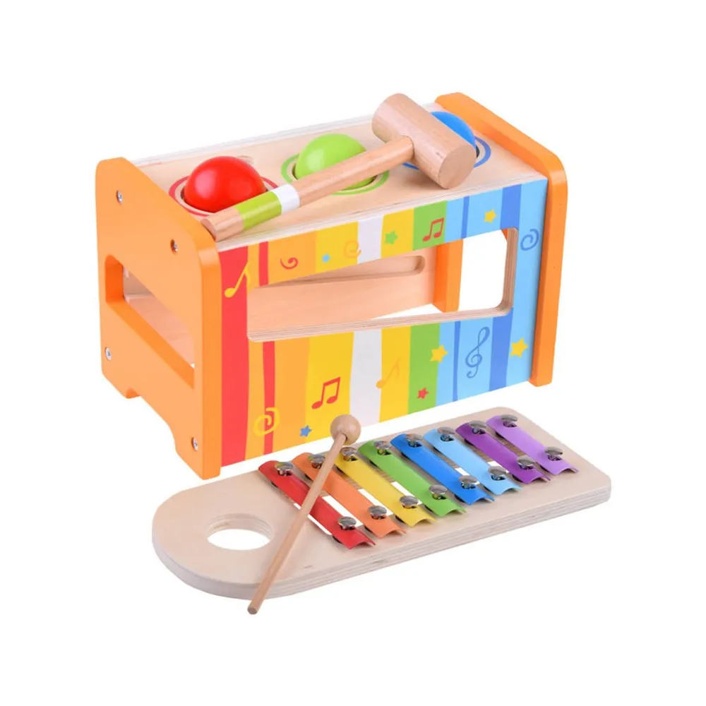 drewniane cymbałki dla dziecka z młoteczkiem i kolorowymi kulkami