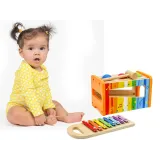 kolorowy zestaw muzyczny 2w1 z cymbałkami i piłeczkami na pudełku