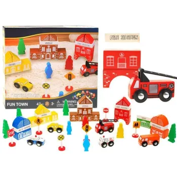 drewniane klocki miasteczko straż pożarna zestaw 47 elementów
