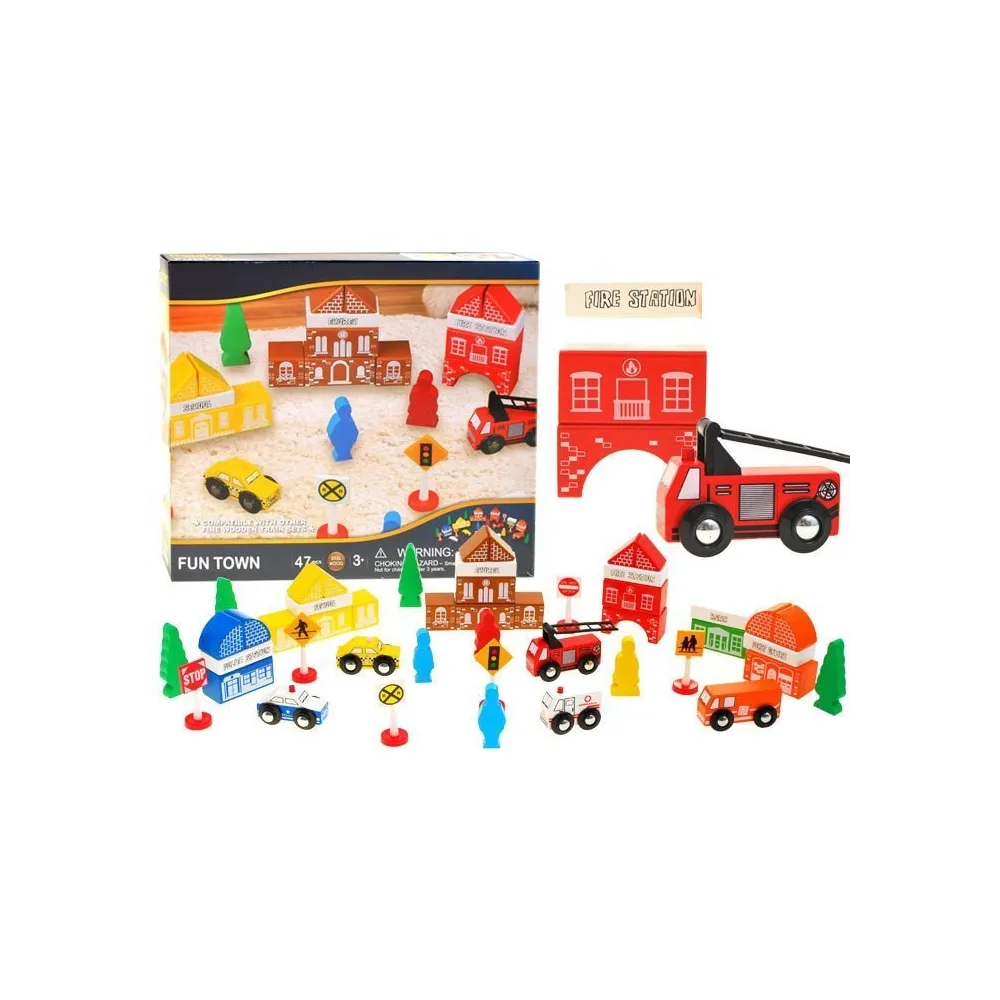 drewniane klocki miasteczko straż pożarna zestaw 47 elementów