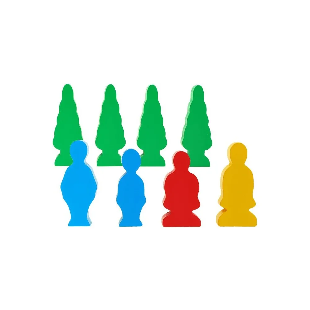 elementy zestawu: pojazdy, postacie i drzewa z klocków drewnianych