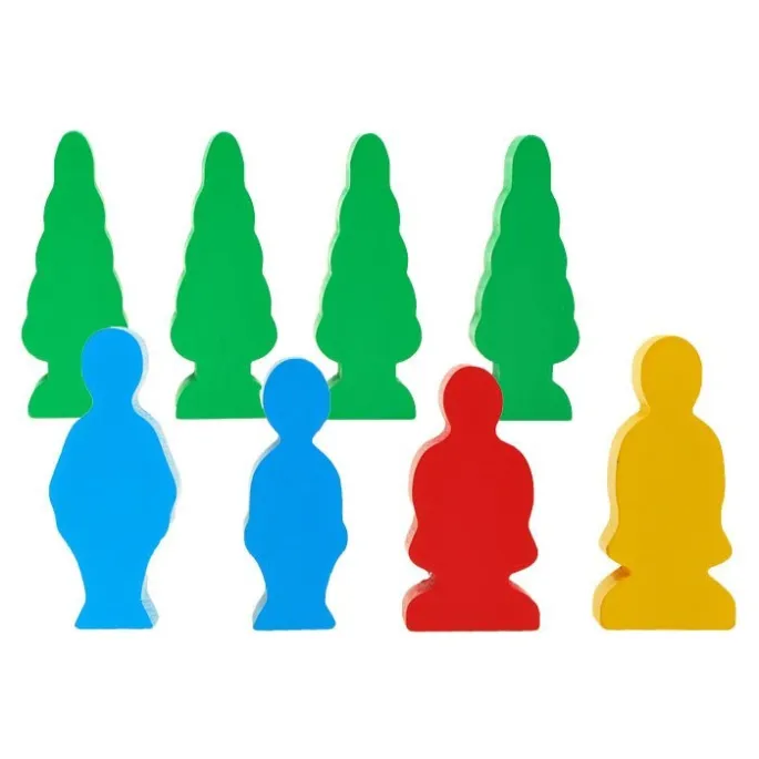 elementy zestawu: pojazdy, postacie i drzewa z klocków drewnianych