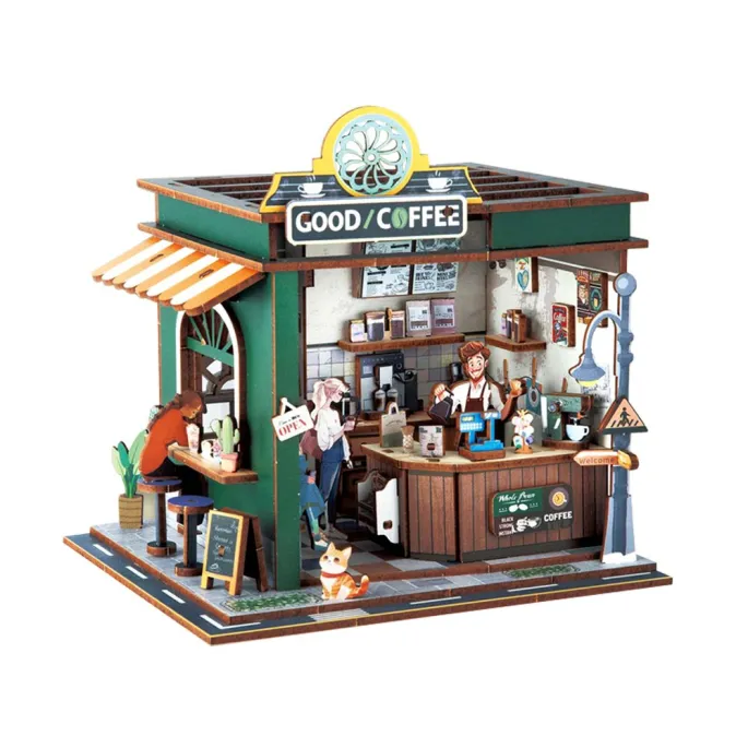 zbliżenie na detaliczne wnętrze miniaturowej kawiarni z puzzle