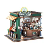 zbliżenie na detaliczne wnętrze miniaturowej kawiarni z puzzle