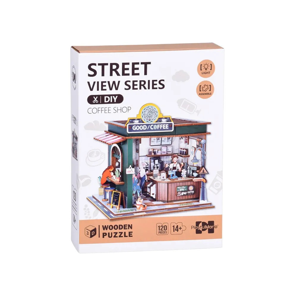 elementy puzzli 3d i akcesoria do składania kawiarni rozłożone na stole