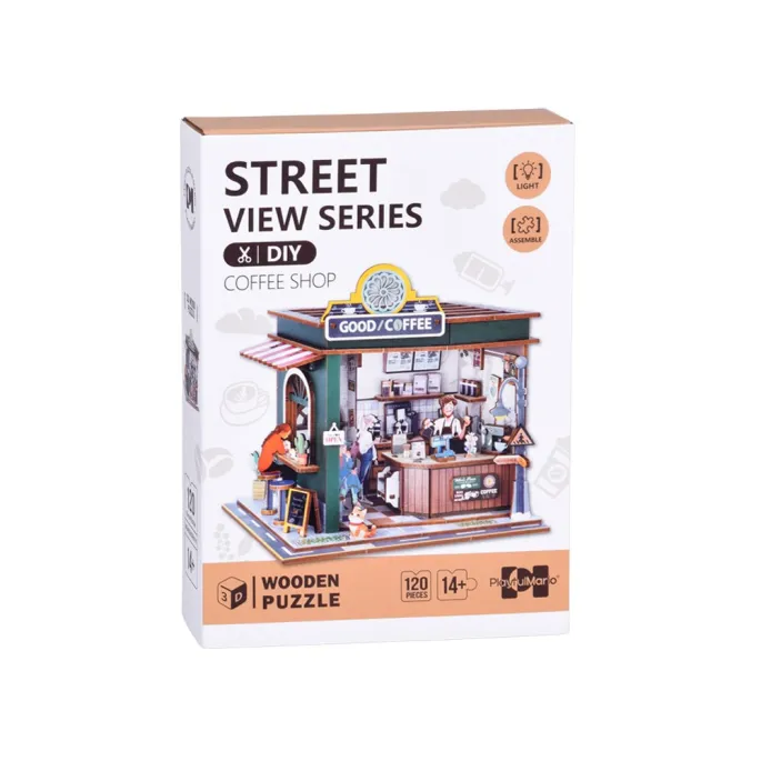 elementy puzzli 3d i akcesoria do składania kawiarni rozłożone na stole