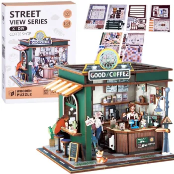 drewniane puzzle 3d przedstawiające budynek kawiarni z detalami