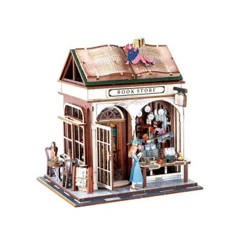 Wnętrze miniaturowej księgarni z widocznymi półkami i figurkami czytelników