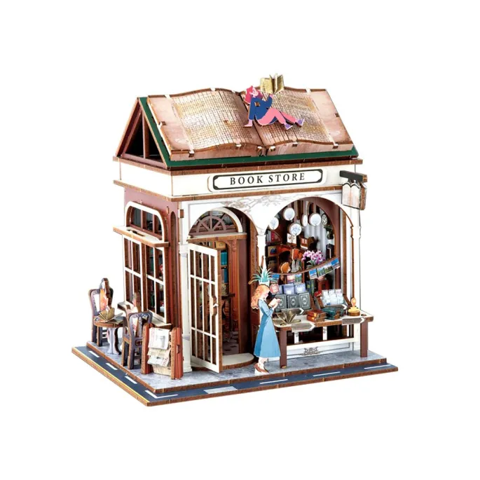 Wnętrze miniaturowej księgarni z widocznymi półkami i figurkami czytelników