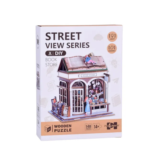 Zbliżenie na dach w kształcie otwartej książki oraz podświetlone regały