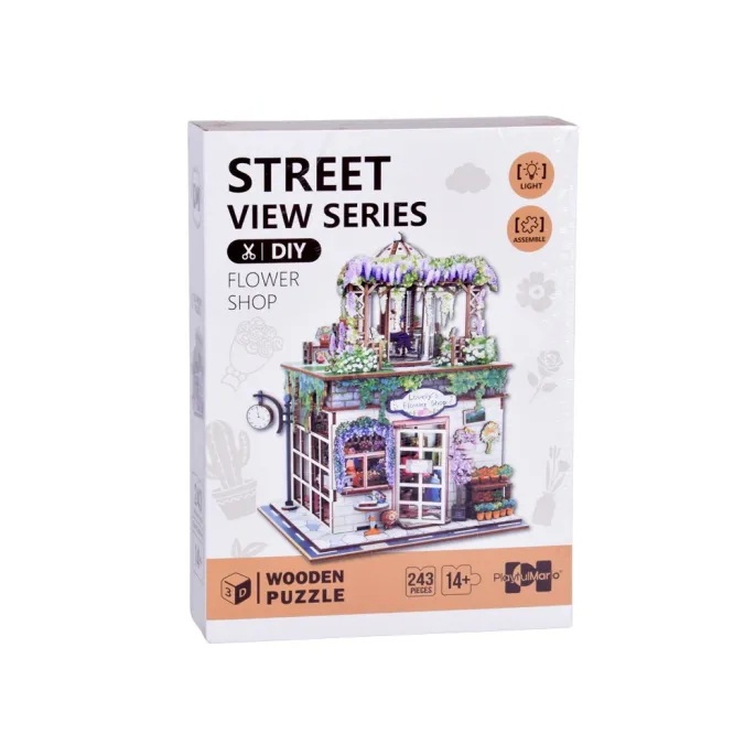 Podświetlony model drewnianej kwiaciarni z efektownym oświetleniem LED