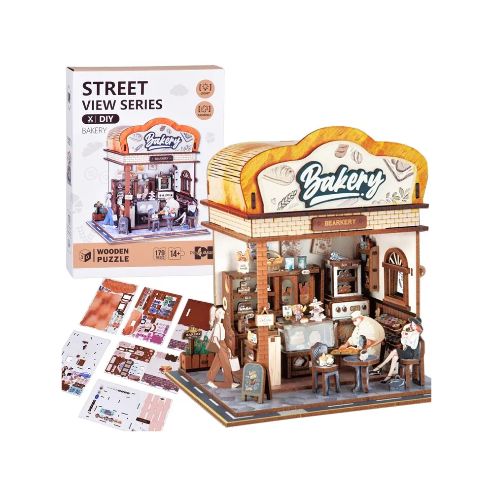 Drewniane puzzle 3D przedstawiające model budynku piekarni z LED