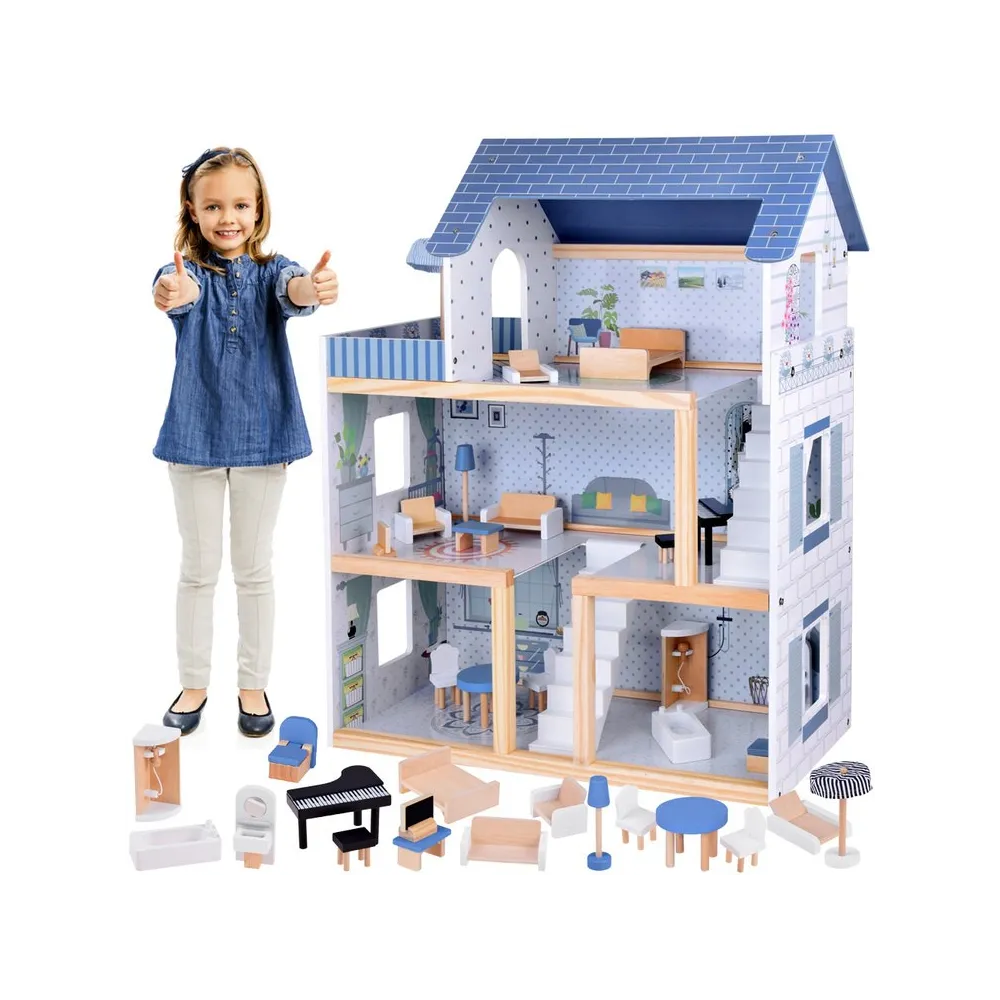 drewniany błękitny domek dla lalek z trzema piętrami i tarasem