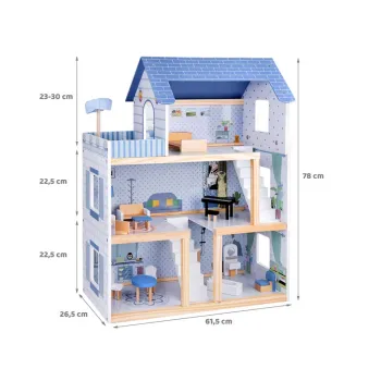 Drewniany błękitny domek dla lalek + mebelki 3 piętra teras ZA5273