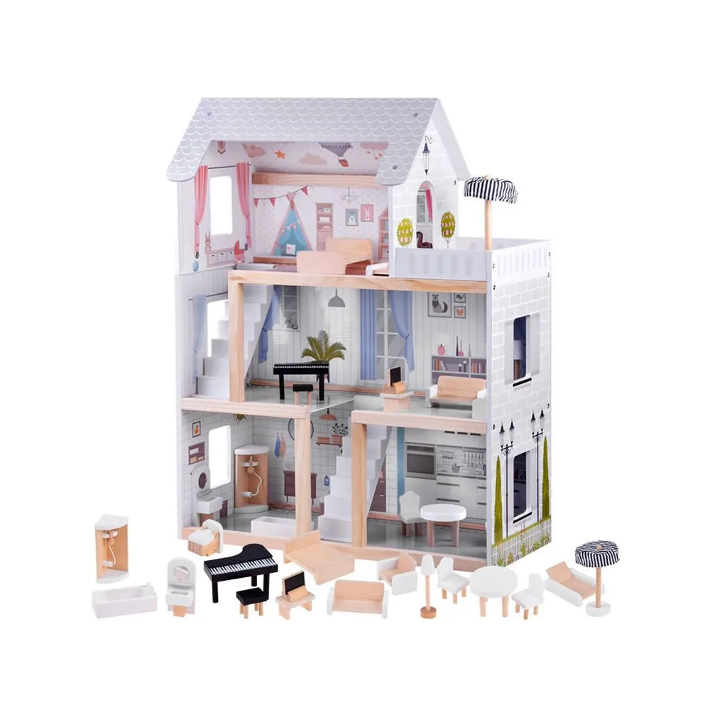 drewniany domek dla lalek w stylu boho z tarasem i trzema poziomami