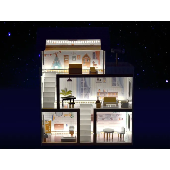 wnętrze domku dla lalek z meblami w biało-drewnianej stylistyce