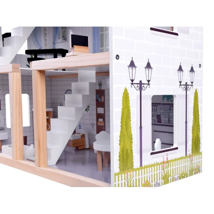 oświetlony domek dla lalek z subtelną listwą LED wieczorną porą