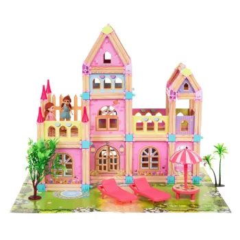 Drewniany Domek Księżniczek z Klocków 183 el. dla dzieci 3+ Elementy konstrukcyjne + 2 Figurki Księżniczek + Akcesoria
