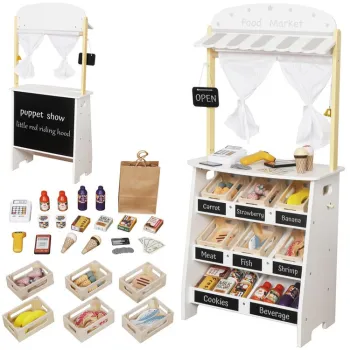 drewniany sklep stragan i teatrzyk 2w1 ustawiony na tle białym