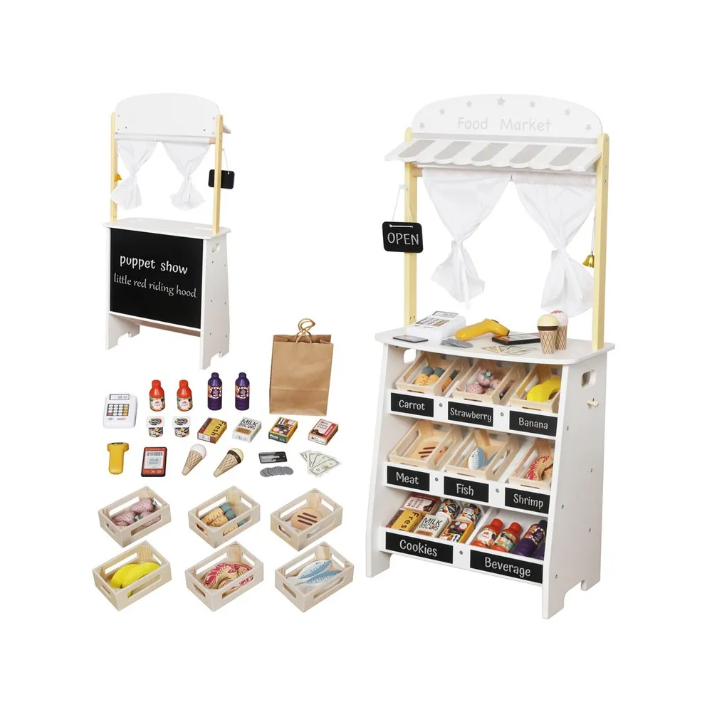 drewniany sklep stragan i teatrzyk 2w1 ustawiony na tle białym