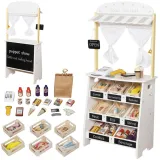 drewniany sklep stragan i teatrzyk 2w1 ustawiony na tle białym