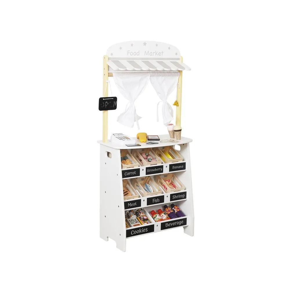 akcesoria zestawu – drewniane koszyki i produkty spożywcze