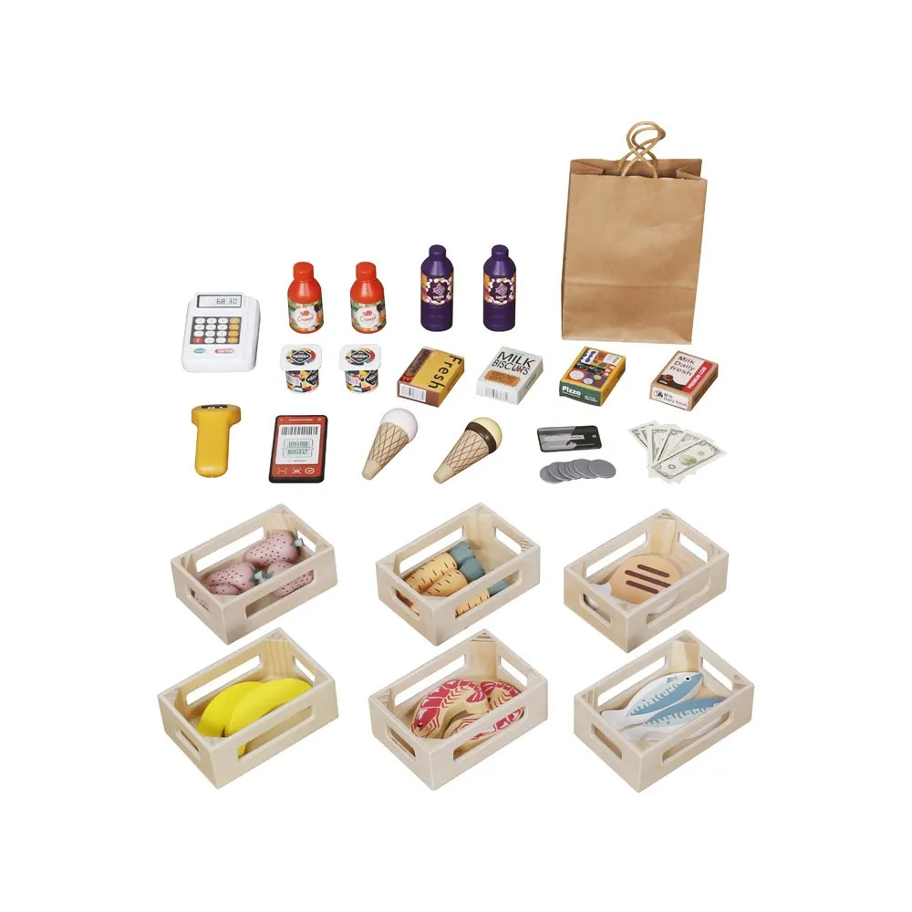 elementy wyposażenia: skaner i zabawkowe pieniądze na blacie