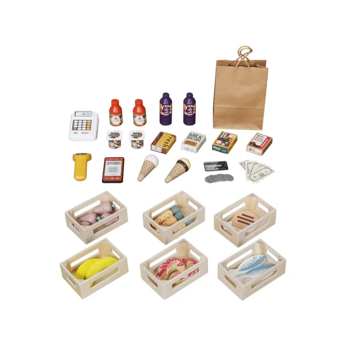 elementy wyposażenia: skaner i zabawkowe pieniądze na blacie