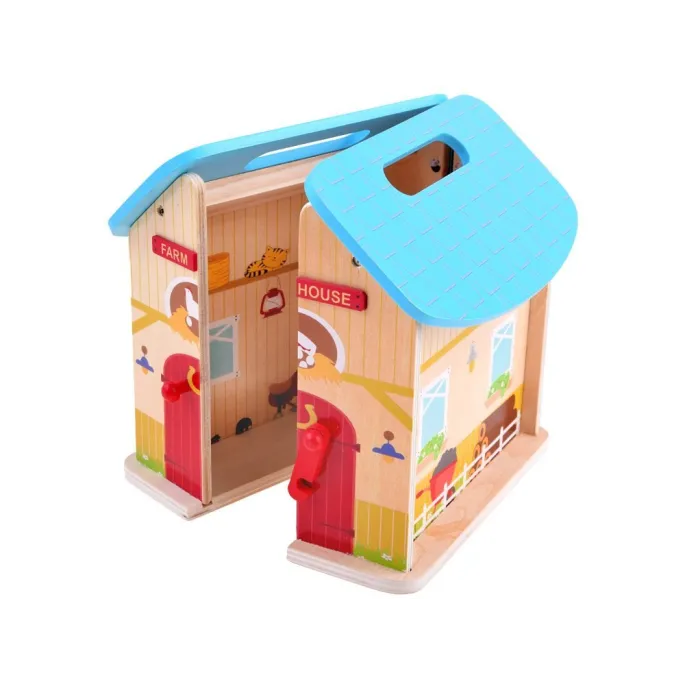 zbliżenie na traktor i elementy drewnianej farmy