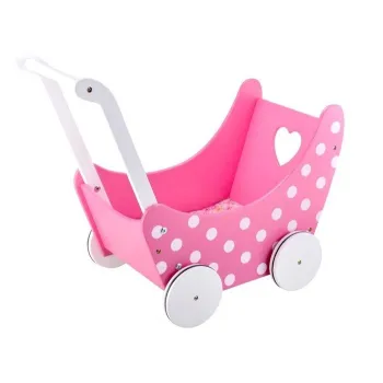 drewniany wózek dla lalek w stylu retro na białym tle