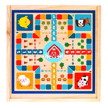 opakowanie drewnianego zestawu gier z widocznymi akcesoriami