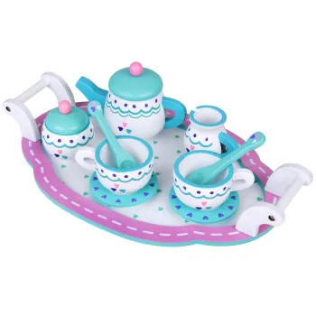 dziecięce filiżanki, łyżeczki i cukiernica wykonane z drewna