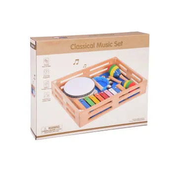 drewniany zestaw instrumentów muzycznych 4w1 prezentowany w aranżacji zabawkowej
